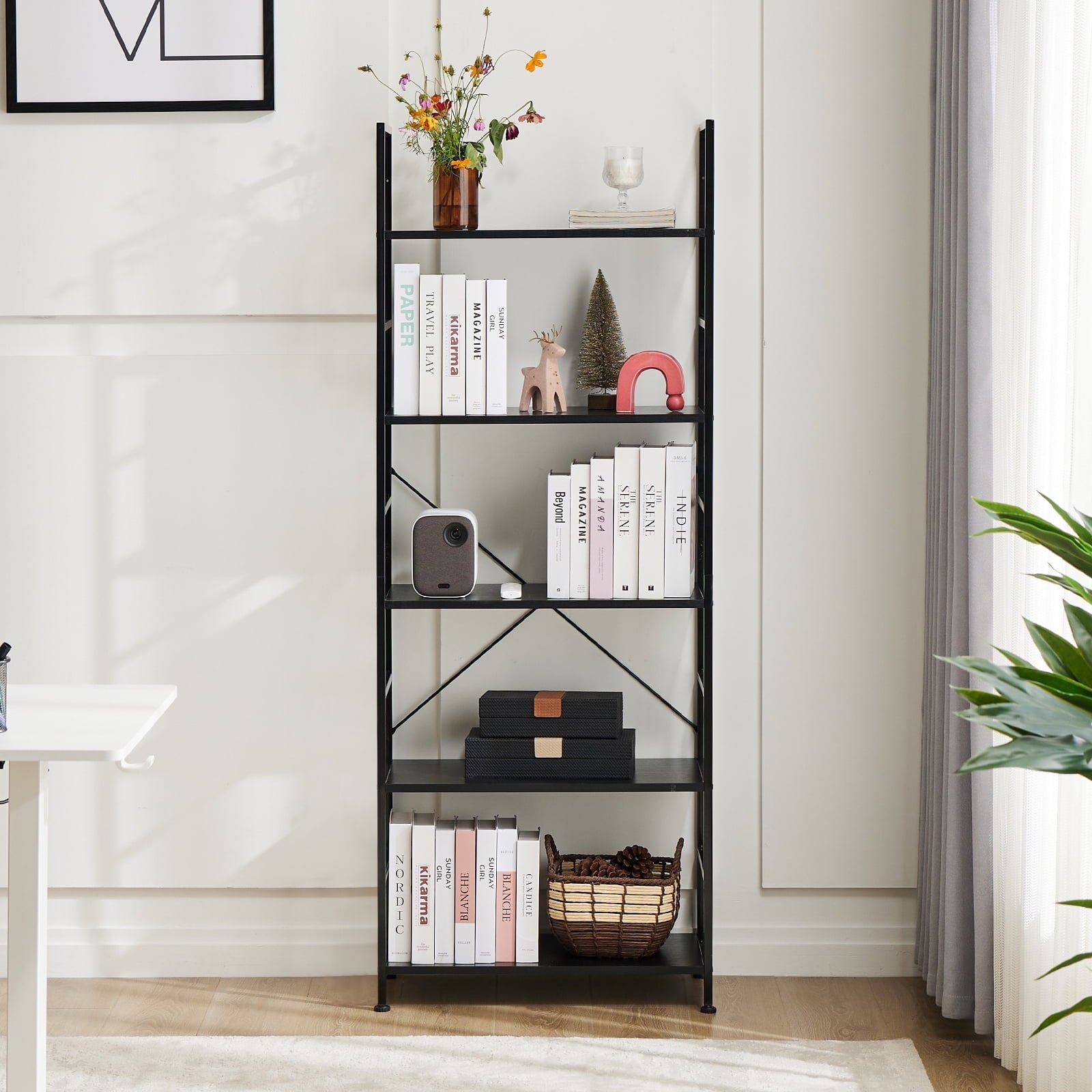 ZUNMOS 5-Tier Bookshelf, Steel Shelf Bookcase, Living Room Bookcase, Storage Shelves, Office, Study, Living Room, 11.8" W  x 23.6" D x 62.2 " H, Industrial Style, Black
