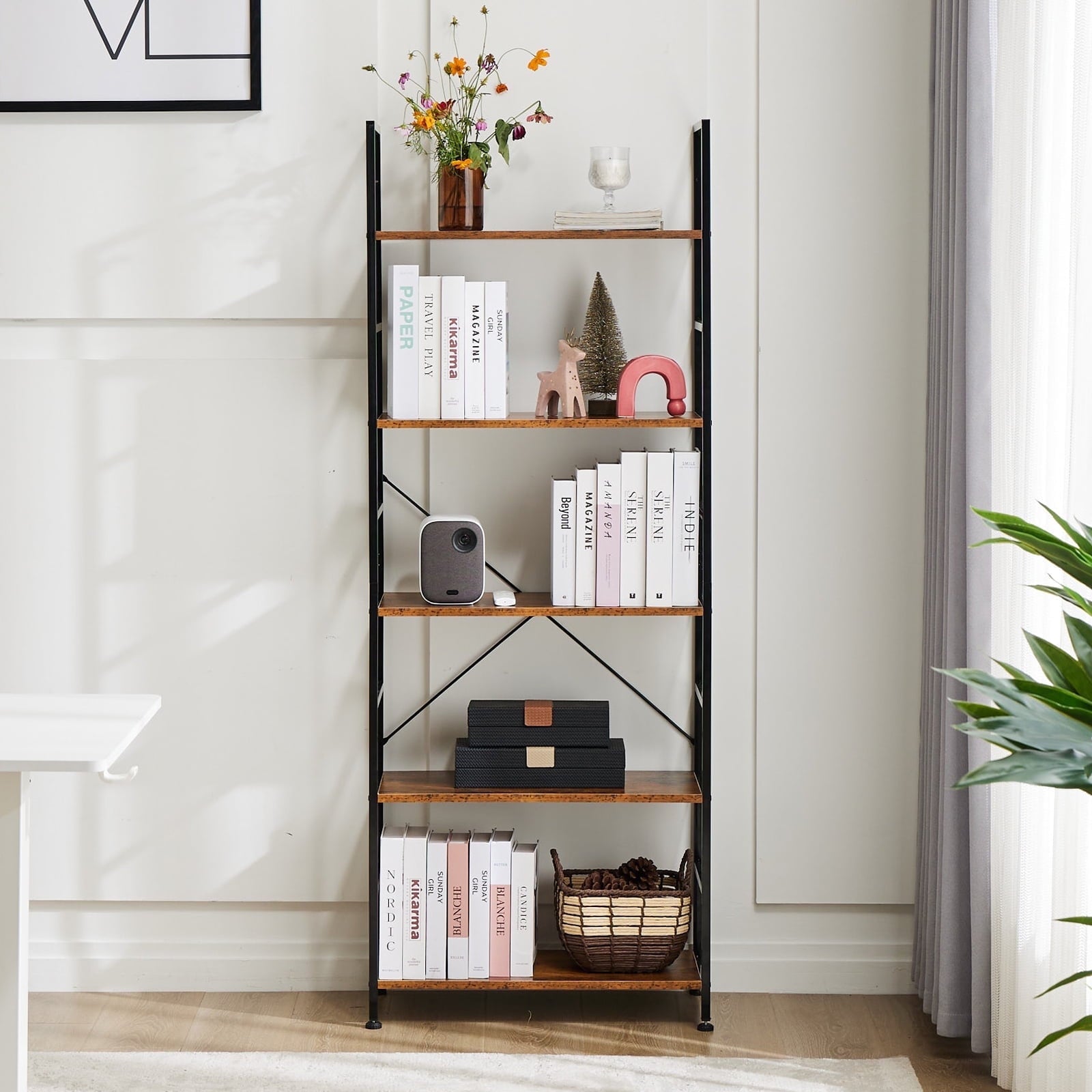 ZUNMOS 5-Tier Bookshelf, Steel Shelf Bookcase, Living Room Bookcase, Storage Shelves, Office, Study, Living Room, 11.8" W  x 23.6" D x 62.2 " H, Industrial Style, Rustic Brown