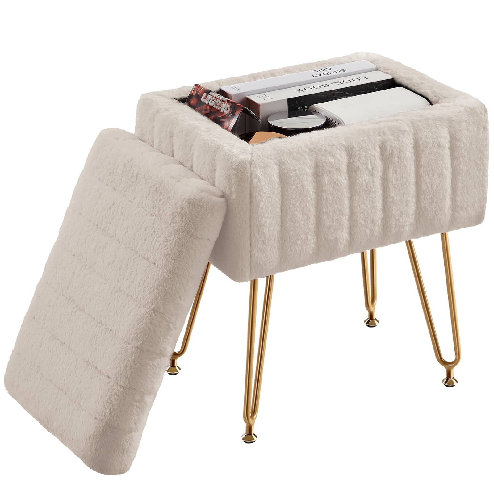 ZUNMOS Ottoman Vanity Stool Chair, with Storage, Modern Style Faux Fur Seat with 4 Metal Legs & Non-slip Feet for Living Room, Bedroom, White