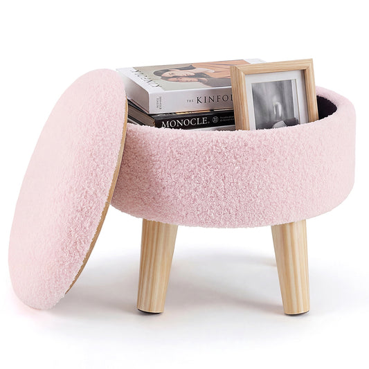 ZUNMOS Storage Ottoman - Modern Round Teddy Velvet Footrest with Soft Padded Seat, Wood Legs, Accent Small Table & Plant Stand for Hallway, Living Room, Pink
