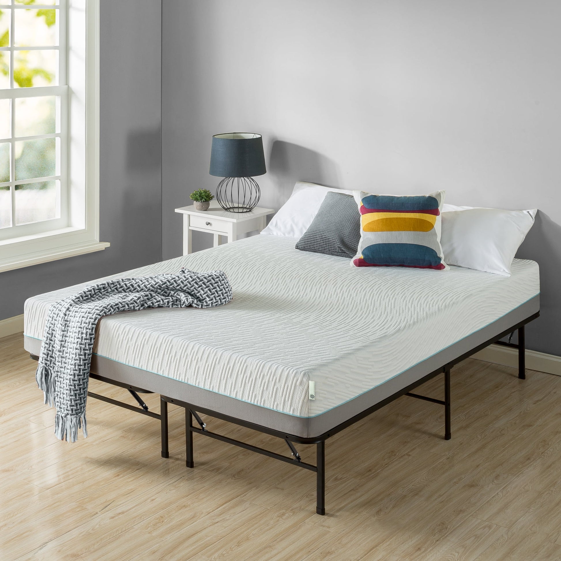 Zinus 14" White Metal SmartBase Tool-Free Assembly Bed Frame Mattress Foundation, Queen