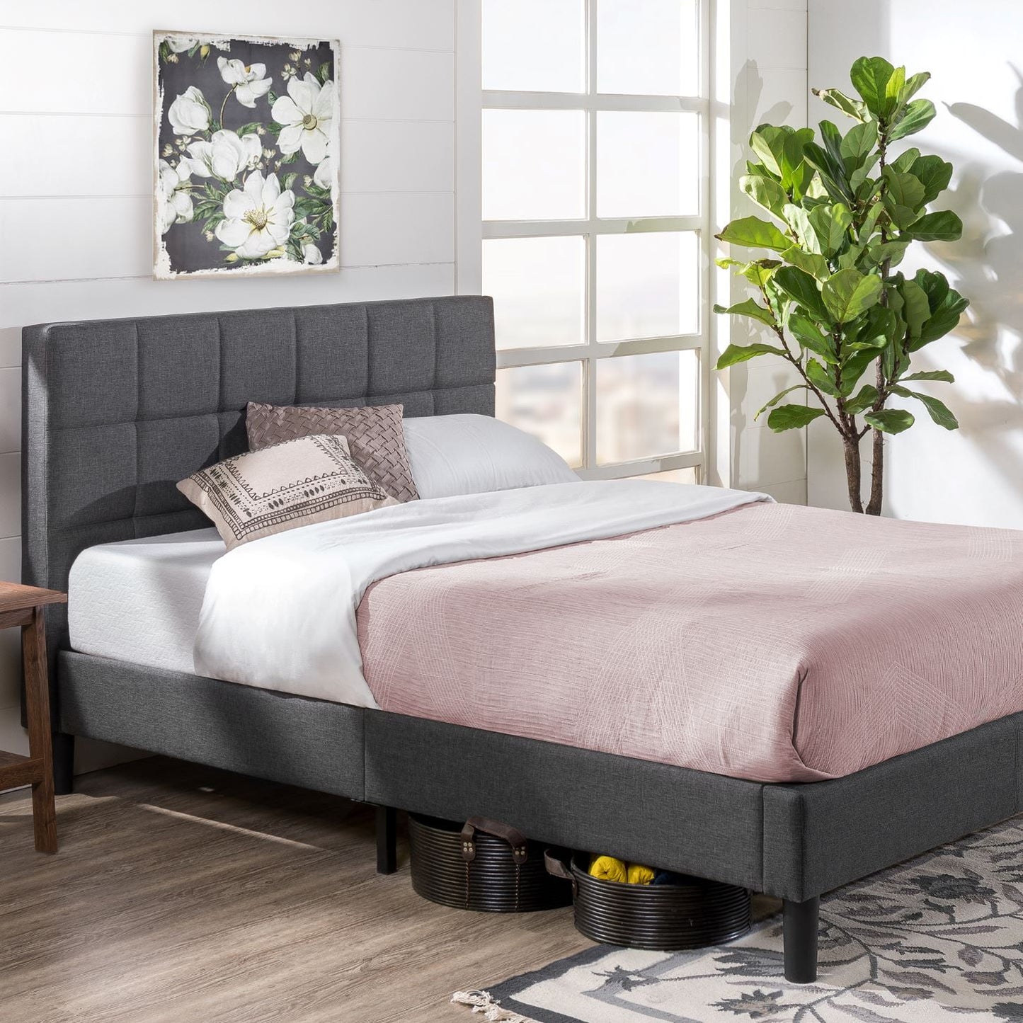 Zinus Lottie 43" Upholstered Platform Bed Frame, Grey, Full
