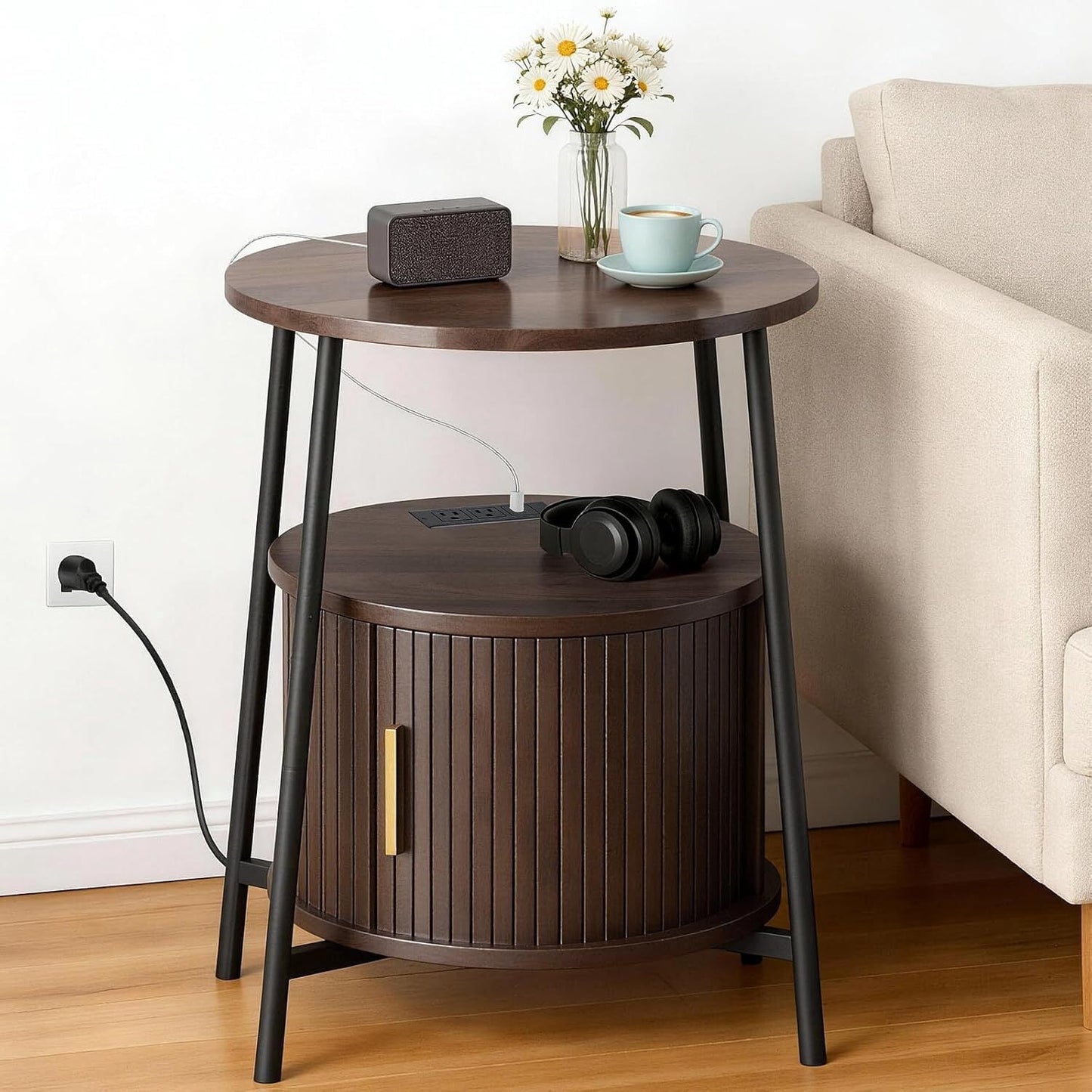 avobird Round End Tables Charging Station, Fluted Accent Side Table with Sliding Door, Mid-Century Modern Nightstand for Small Space Storage, Living Room, Bedroom,Sofa, Coffee