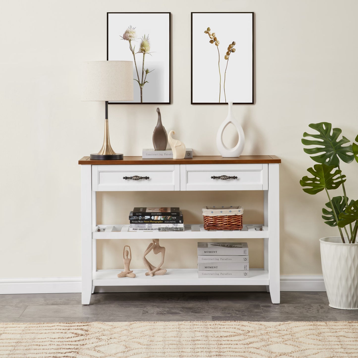 avobird Solid Wood Entryway Table,Features Two Open Shelves and Two Drawers,Vintage Design Table, Suitable for the Living Room,White