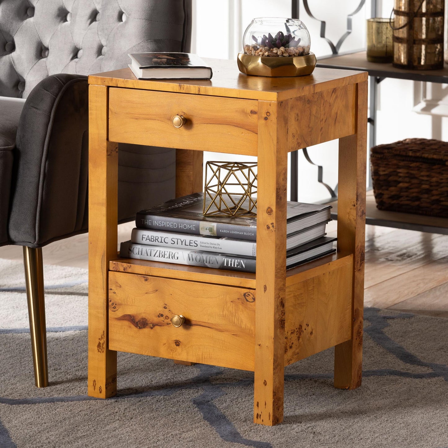 bali & pari Azmi Modern Nightstand, 2-Drawer, Light Mappa Burl