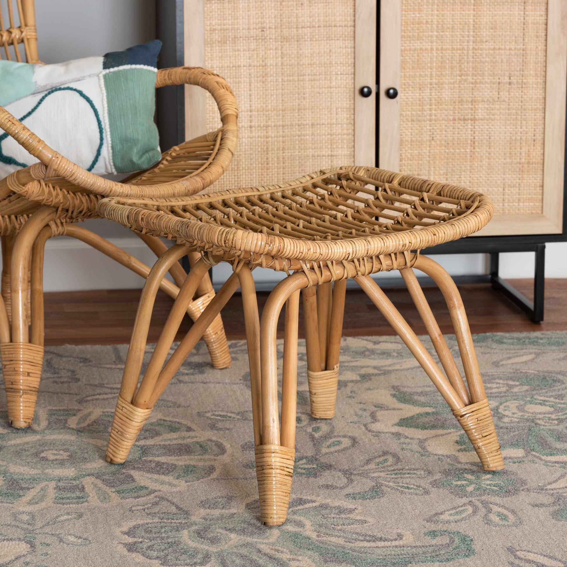 bali & pari Earvin Rattan BOHO Footstool, Natural Brown