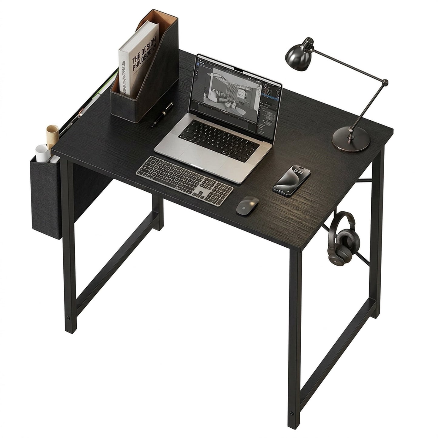 edx 31" Home Office Desk for Small Spaces, Computer Desk with Storage Bag & Hook, Modern Simple Style Study Writing Table for Bedroom, Black