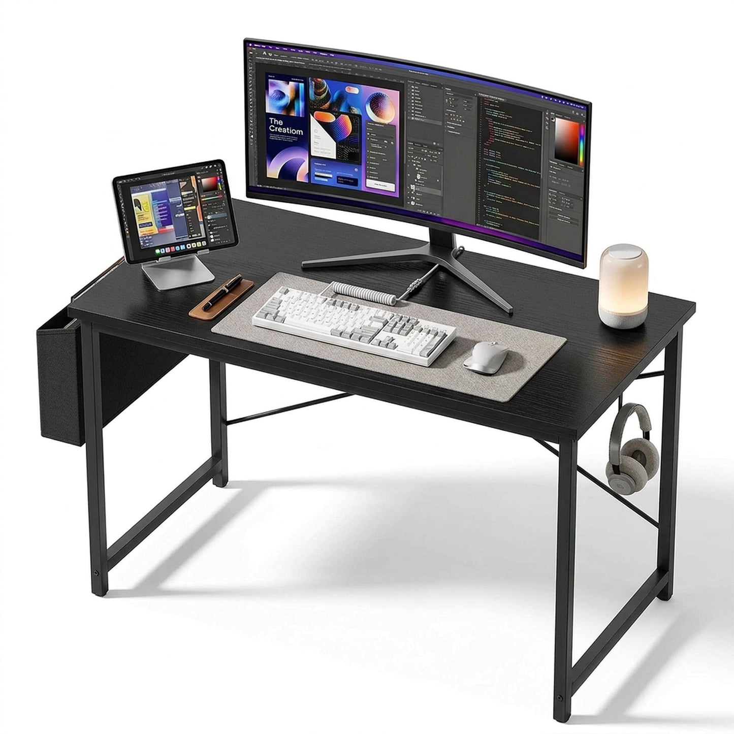 edx 44" Home Office Desk for Small Spaces, Computer Desk with Storage Bag & Hook, Modern Simple Style Study Writing Table for Bedroom, Black