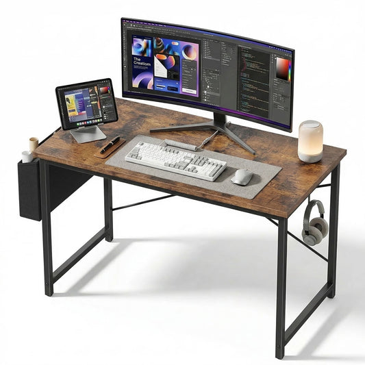 edx 44" Home Office Desk for Small Spaces, Computer Desk with Storage Bag & Hook, Modern Simple Style Study Writing Table for Bedroom, Rustic Brown