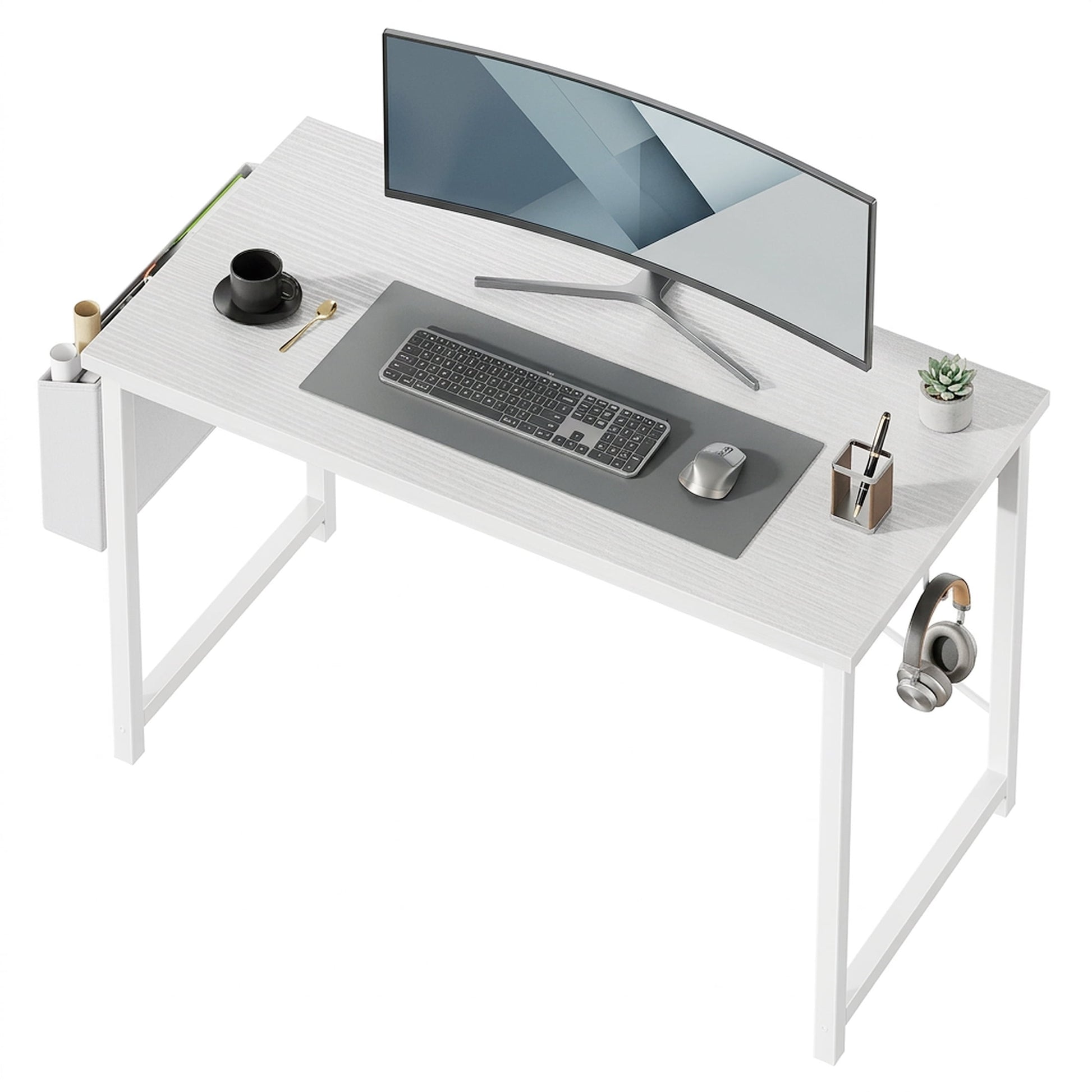 edx 47" Home Office Desk for Small Spaces, Computer Desk with Storage Bag & Hook, Modern Simple Style Study Writing Table for Bedroom, White
