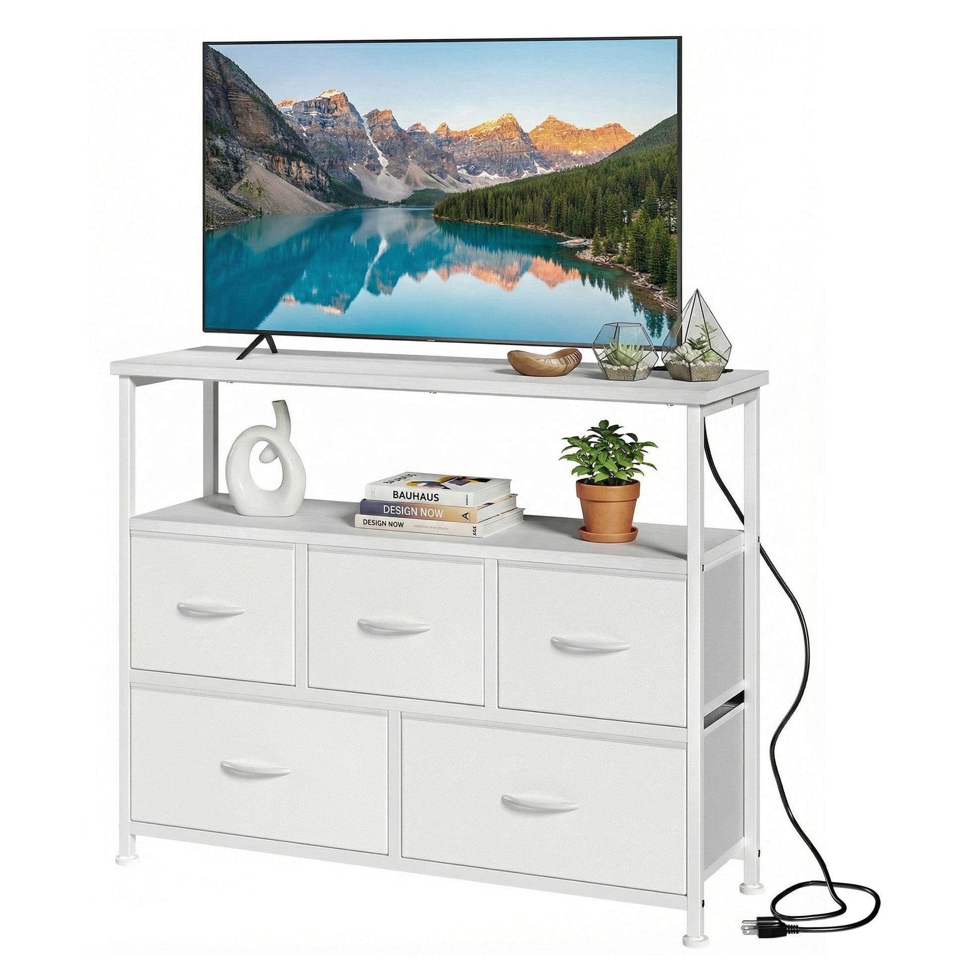 edx 5 Drawers TV Stand Dresser for 45" TV, Media Console with Charging Station & 2 Open Shelves, Storage Organizer for Bedroom Living Room, White