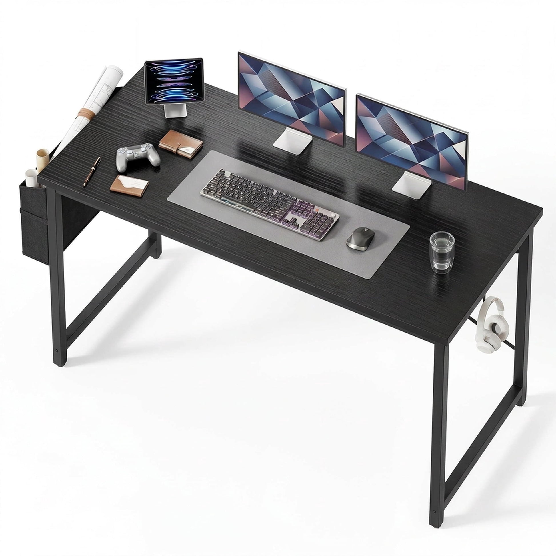edx 55" Home Office Desk, Computer Desk with Storage Bag & Hook, Waterproof Top & Metal Frame, Modern Simple Study Writing Table for Bedroom, Black