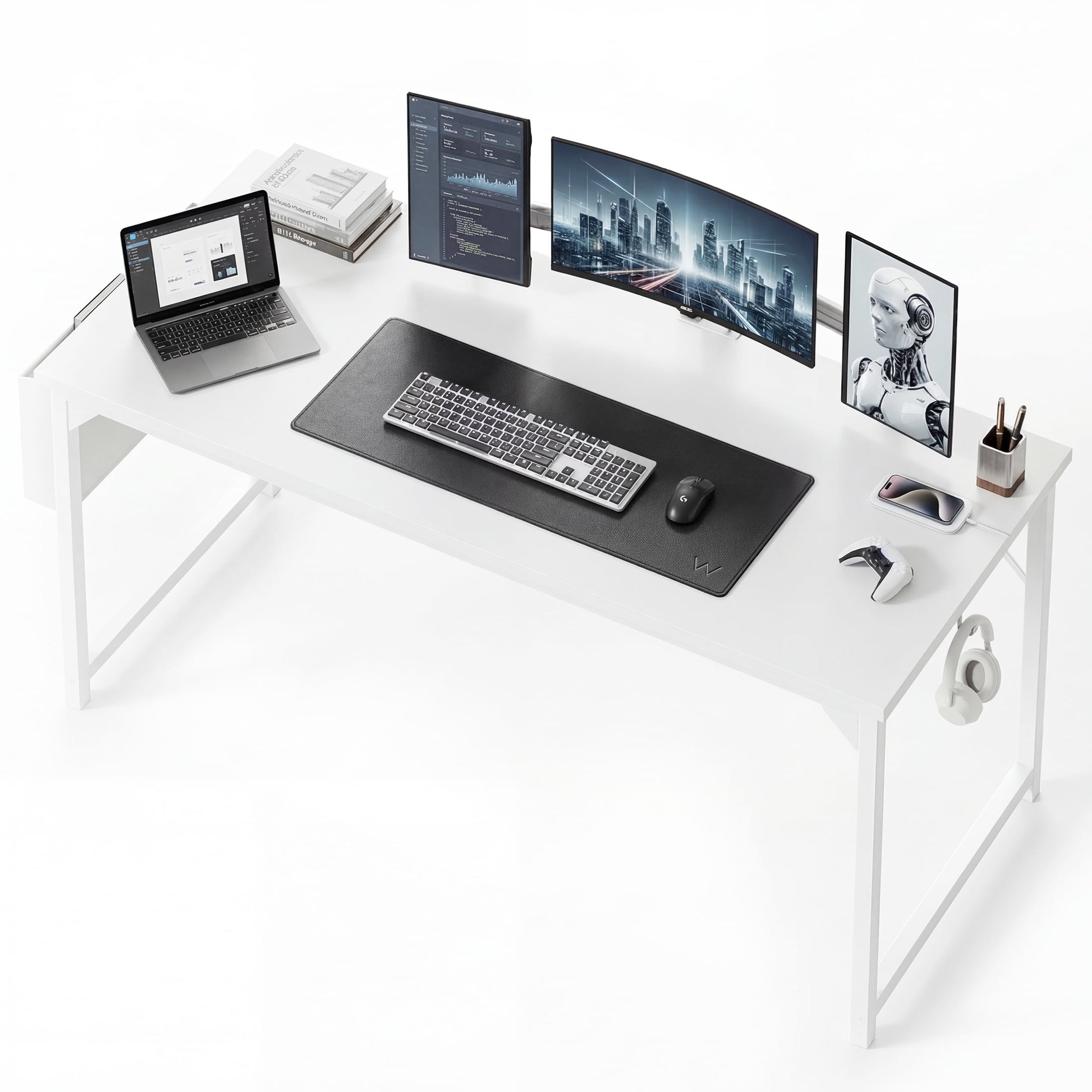 edx 63" Home Office Desk, Computer Desk with Storage Bag & Hook, Waterproof Top & Metal Frame, Modern Simple Study Writing Table for Bedroom, White