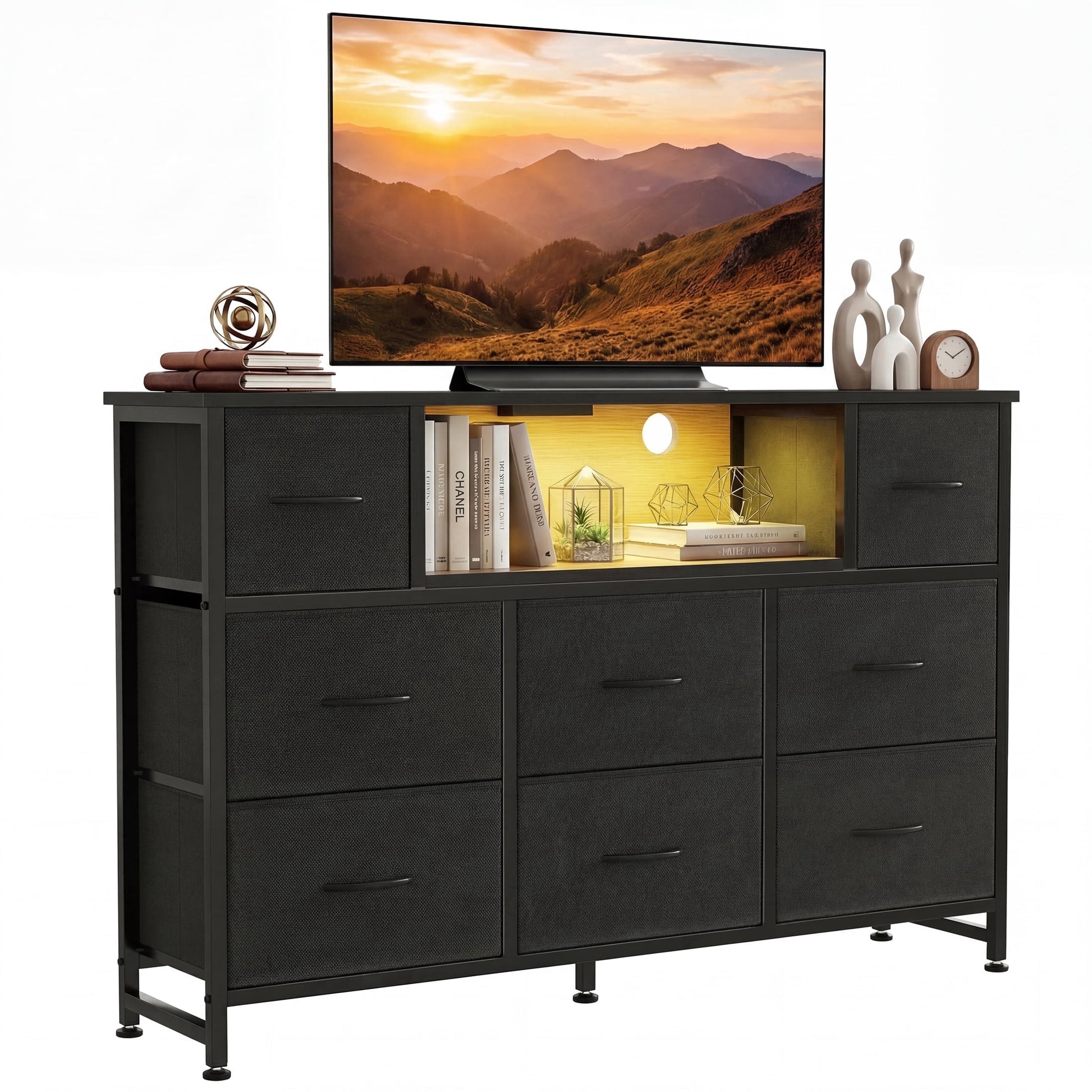 edx TV Stand with 8 Fabric Drawers, Open Shelves & LED & Power Outlets for Bedroom, Living Room, Entryway, Wood Top, Black