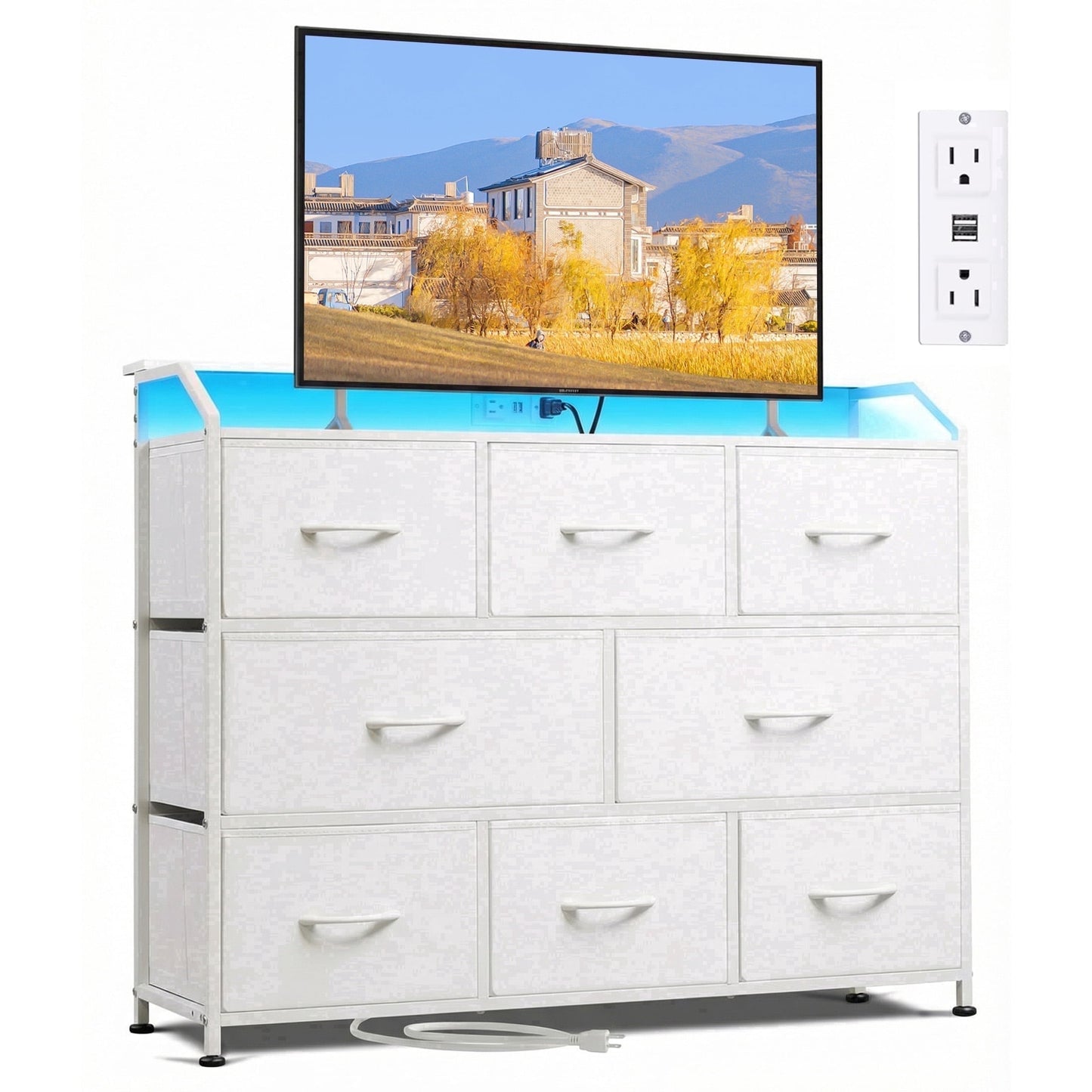 edx 8-Drawer Fabric Dresser with Power Outlets & LED Light, Multifunctional TV Stand Storage Cabinet for Bedroom, Living Room, Office & Hallway, White
