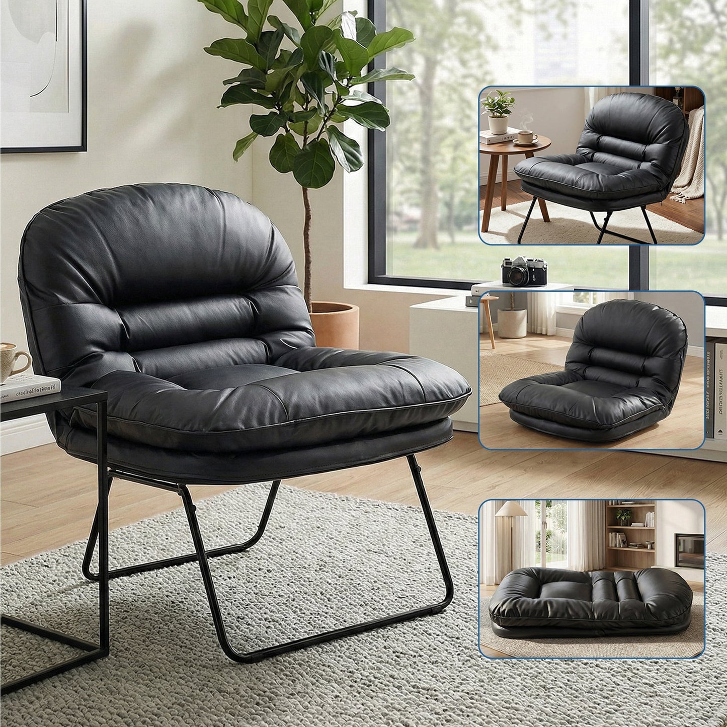 edx Saucer Chair, Folding Lounge & Floor Chairs with 6-Position Adjustable Backrest, PU Leather, for Living Room, Bedroom, Dorm & Gaming, Black