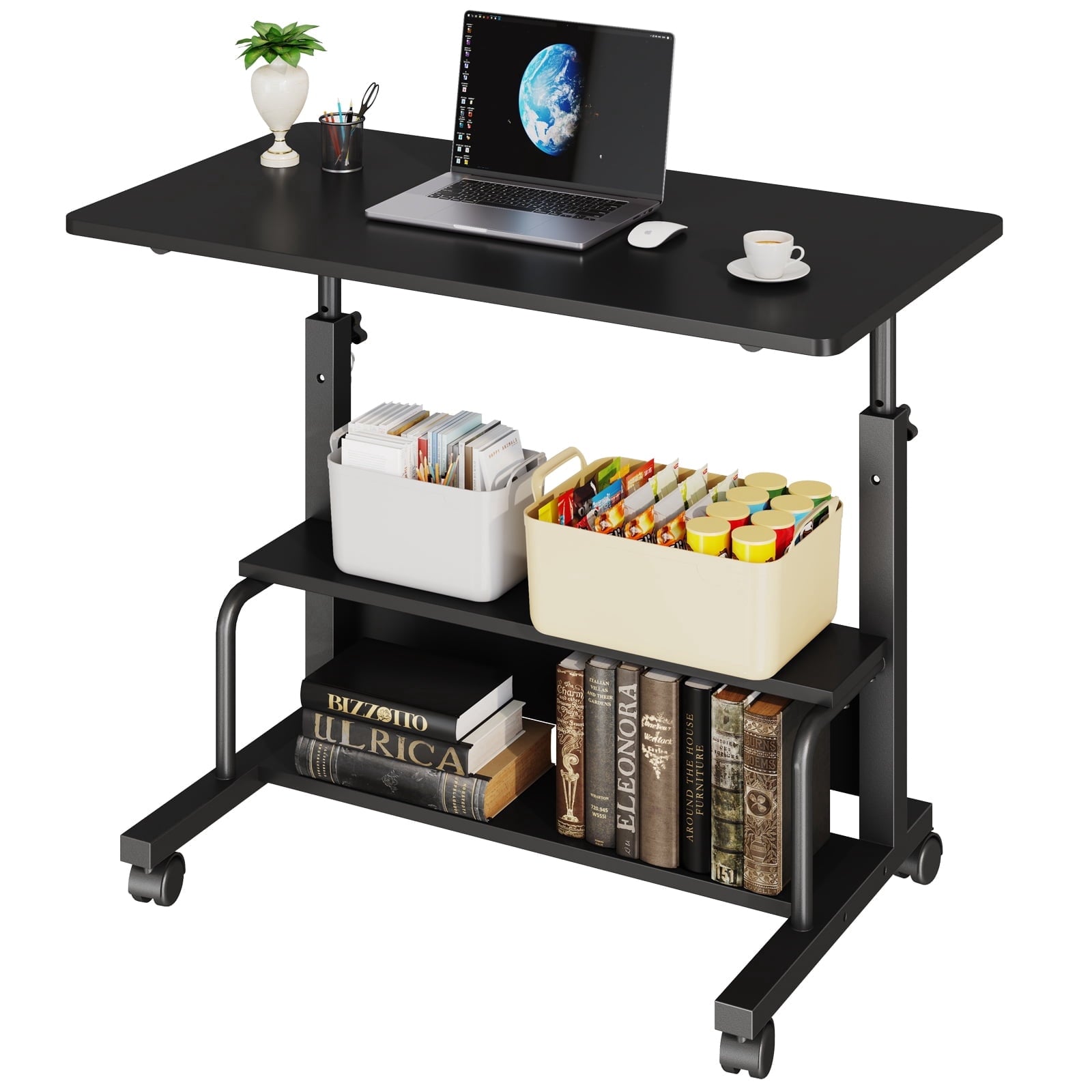 edx Height Adjustable Desk Standing Desk Small Desk for Small Spaces, Mobile Rolling Computer Desk on Wheels, Portable Desks Study Table for Home Office,Black