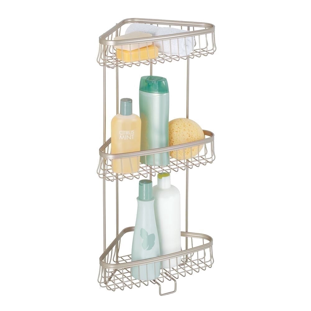 iDesign, Metal Wire Corner Standing Shower Caddy 3-Tier Bath Shelf Baskets, Satin