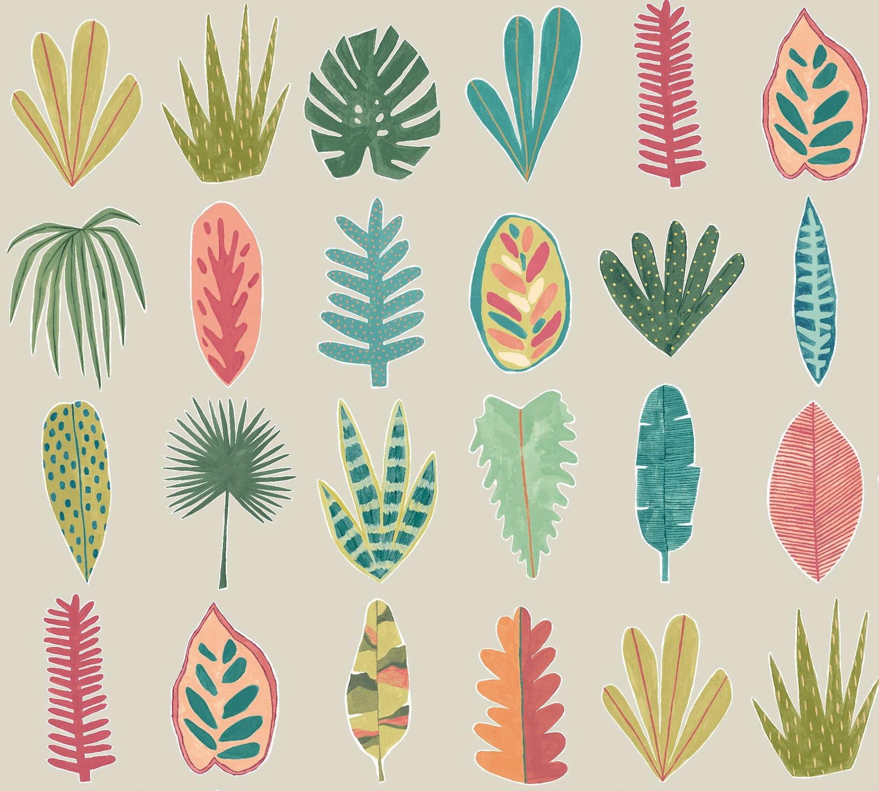 ohpopsi Leaf Boogie Neutral Tropical Mix Unpasted Non Woven Wallpaper, 19.7-in by 33-ft., 54.2 sq. ft.