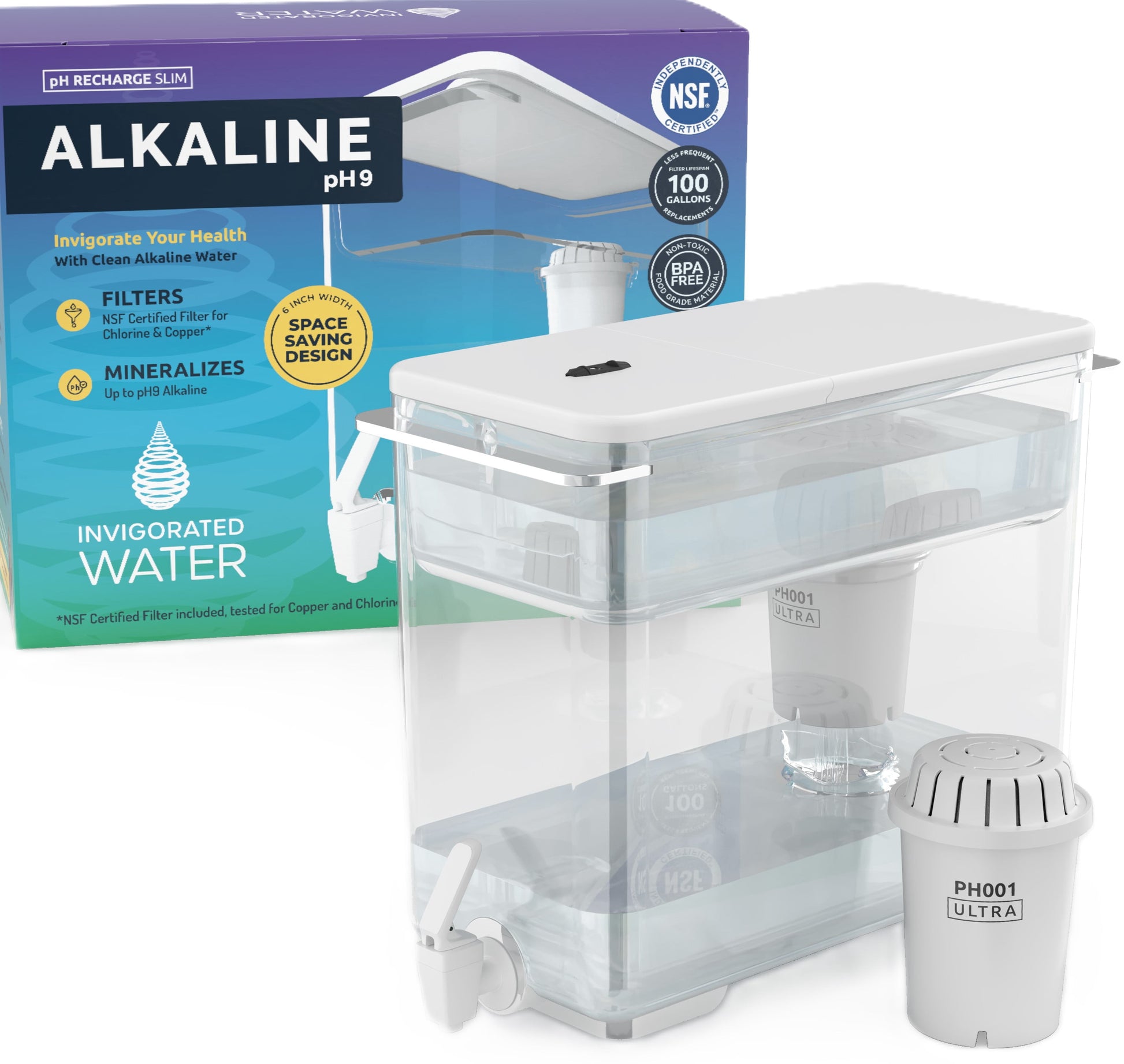 Invigorated Water pH Recharge Slim 38 Cup Alkaline Water Filter Dispenser