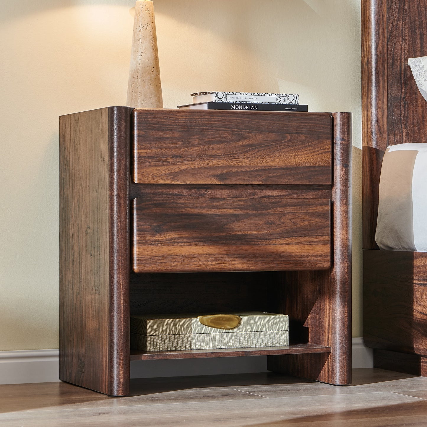 wow97e 2 Drawers Modern Nightstand for Bedroom, 25" Tall Night Stand with Charging Station & Open Shelf, Rounded Corner Design, Brown