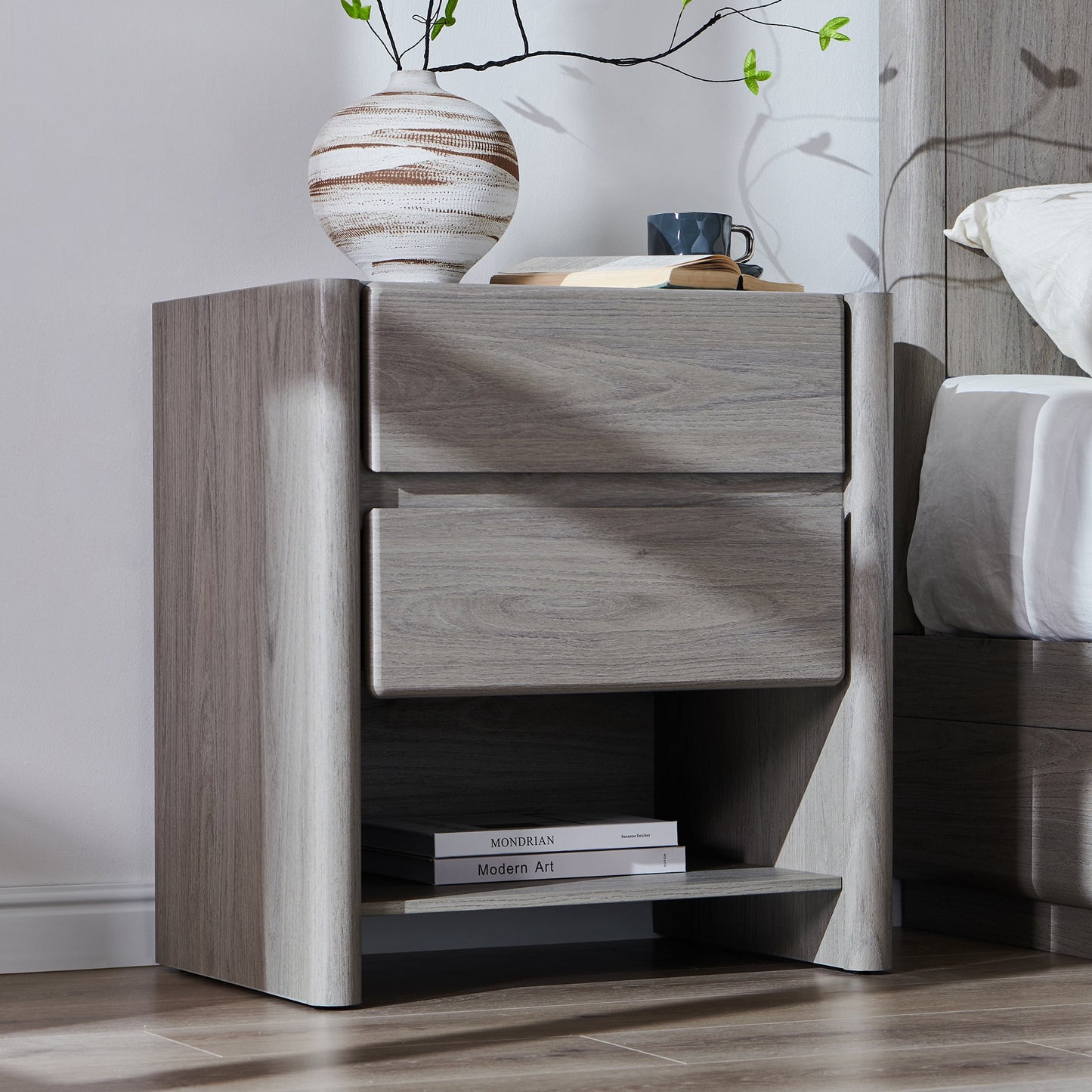 wow97e 2 Drawers Modern Nightstand for Bedroom, 25" Tall Night Stand with Charging Station & Open Shelf, Rounded Corner Design, Light Grey