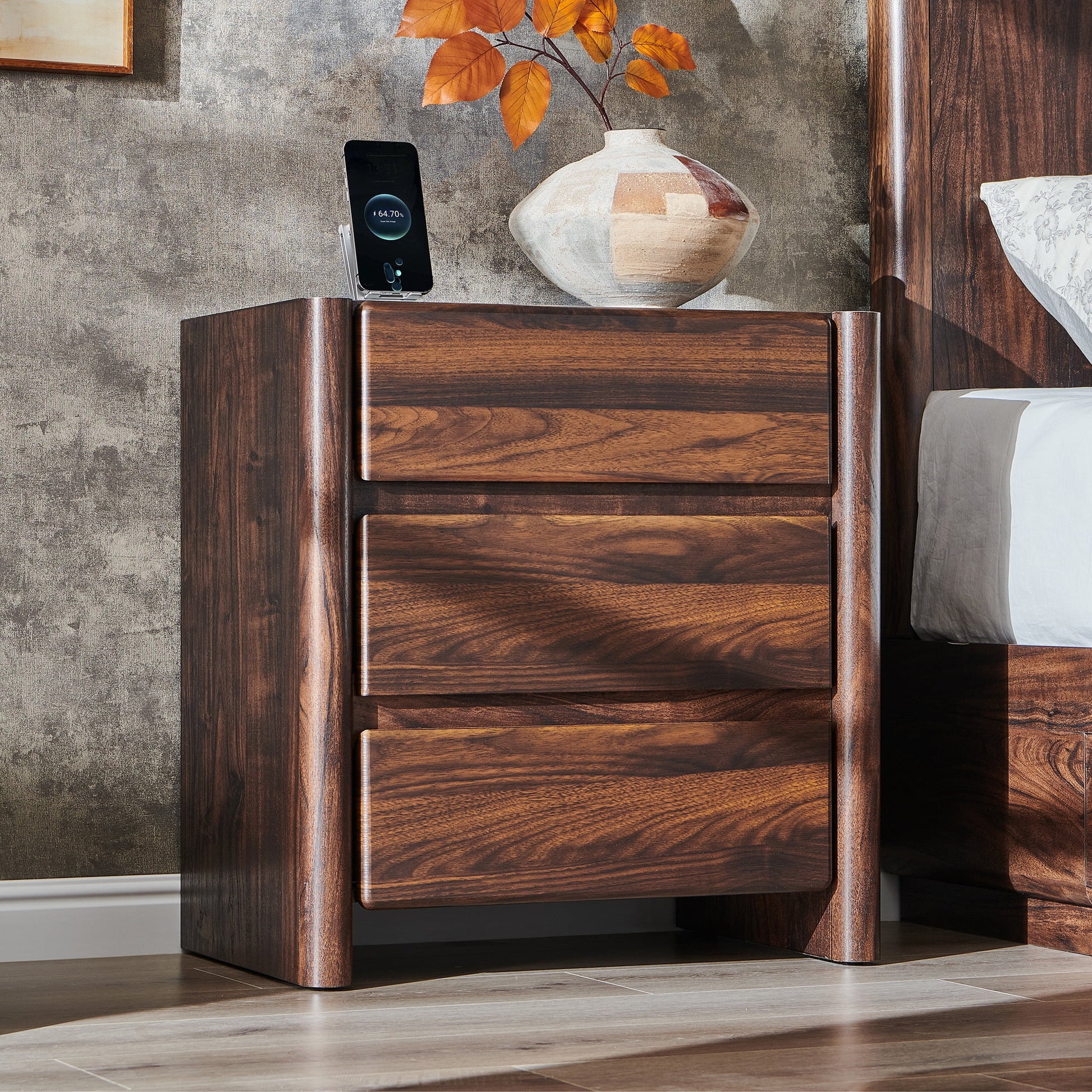 wow97e Modern Nightstand, 25" Tall Night Stand with Charging Station, 3 Storage Drawers Wood Nightstands w/Rounded Corner Design for Bedroom, Living Room, Brown